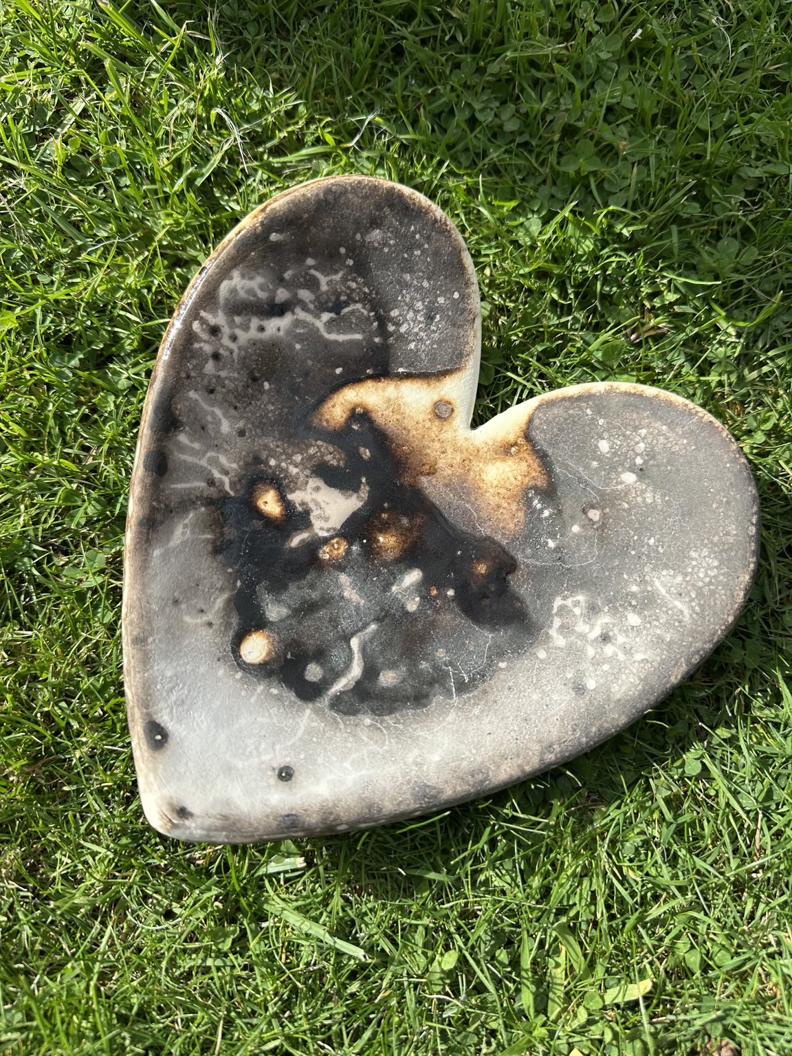 Large handmade Obvara heart with charcoal and cream markings
